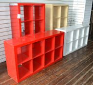 4 x Book Cases / Display Units In Red / White - Ref M482 F3 - CL351 - Location: Chorley PR6
