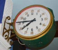 1 x Vintage Train Station Style Wall Mounted Clock in Green and Gold With Illuminated Clock Face - F