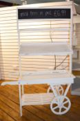 1 x Retail Display Wheeled Cart in White With Overhead Sign - H201 x W133 x D55 cms - Ref BB392 - CL