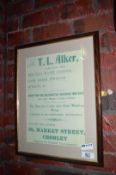 1 x Framed Advertisement Picture - T.L Alker Watch Finisher, Clock Maker, Jeweller, Optician - 42