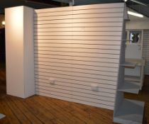 1 x Retail Slat Wall Display Unit - Features Two Slat Walls With Illuminated Display End, Shelf Ends