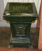 1 x Cast Metal Litter Bin in Green and Gold With Decorative Features and Claw Feet - H79 x W50 x D51