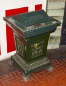 1 x Cast Metal Litter Bin in Green and Gold With Decorative Features and Claw Feet - H79 x W50 x D51