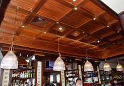 5 x Commercial Pendant Ceiling Light Fittings Featuring Pleated Dome Glass Shades And Brass Elements
