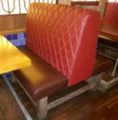 1 x Back to Back Seating Bench With Red and Brown Faux Leather Upholstery and Rustic Timber Frame Ba
