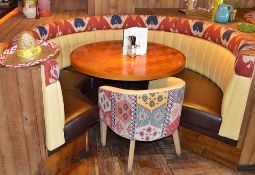 2 x Semi Circle Seating Booths / Banquette Seatings - Faux Leather Brown Seating With Yellow Faux Le