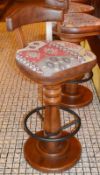 2 x Bar Stools With Wooden Column Pedestals, Full Circle Footrests, Cushioned Seats and Back Rests -