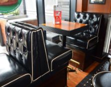 3 x Sections Of Booth Seating With 2 x Poser Tables And Brass Foot Rests - Seating Upholstered In Bl