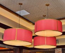 3 x Matching Pendant Light Fitting With 1-Metre Wide Drum Shades In Red - CL366 - Ref BB - Location: