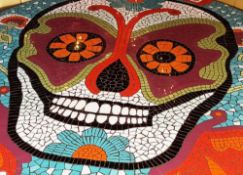 1 x Large Round Mosaic Skull Dining Table - Bespoke Table by Imperial Mosaics With Cast Iron Base -