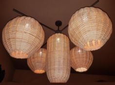 1 x Five Pendant Weaved Rattan Ceiling Light - Approx Dimensions W110 x H75 cms - CL363 - Location: