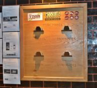1 x Wooden Notice Sign Board With Clips - Engraved With Purchases, Hotspots, Results, A.O.B and Vari