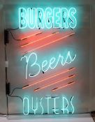 1 x 'BURGERS, BEERS, OYSTERS' Neon Sign - 1.5 Metre Tall - Recently Removed From A Restaurant