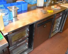 1 x Stainless Steel Prep Bench With Storage Units and Space for Undercounter Fridge / Freezer -