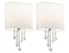 2 x Nina Chrome Wall Lights With Crystal Beads & White Fabric Shade - New Boxed Stock - CL323 - Ref: