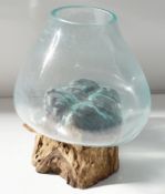 1 x Large Artisan Clear Blown Glass Vase On A Reclaimed Wood Base