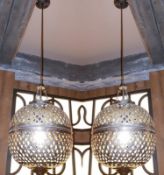 A Pair Of Ornate Moroccon-style Ceiling Light Pendants In An Aged Brass Finish - Dimensions (approx)