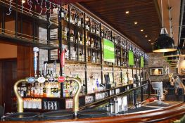 1 x Back Bar Wine Bottle and Glass Holder - 61ft Length - Black Metal With Wooden Shelves and