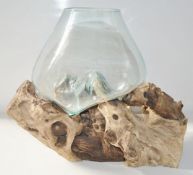1 x Extra Large Artisan Clear Blown Glass Vase On A Reclaimed Wood Base