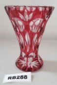1 x Bohemian Vintage Cranberry Cut Glass Vase H13cm - Ref RB288 E - CL334 - Location: Altrincham WA1