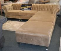 1 x Bespoke Brown Plush Velvet Chesterfield Corner Sofa & Pouffe. A chesterfield style L-shaped
