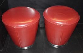 2 x Red Leather Upholstered Bar Seats - Dimensions: Diameter 50cm, Height 47cm - CL392 - Ref LD151
