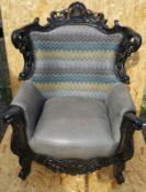 1 x Bepoke French Louis XV-Style Armchair With Leather Upholstered Seat And Zigzag Fabic Back - Ref