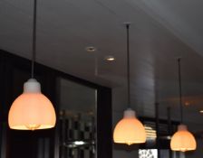 8 x Bistro Pendant Light Fittings With Opal Glass Shades - Dimensions: 18cm Diameter / 64cm Drop -