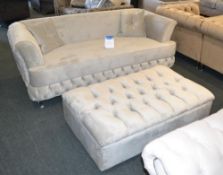 1 x Bespoke Light Grey Plush Velour 3 Seater Sofa & Pouffe. One stylish and soft velour 3 seater