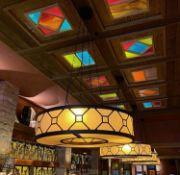 1 x Large Round Suspended Commercial Ceiling Light Fitting Featuring A Leaded Glass Shade -