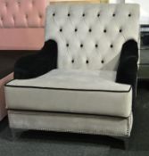 1 x Bespoke Grey & Black Buttoned Back Armchair. This stunning soft plush velour armchair would