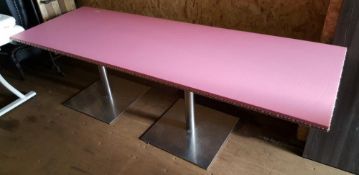 1 x 2.3 Metre Long Rectangular Reupholstered Pink Leatherette Table Standing On 2 Sliver Colured Bas