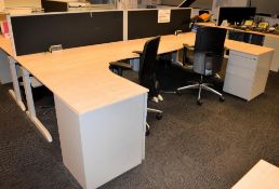 4 x Techo Ergonomic Office Desks With Integral Drawers and Black Dividers - Birch Finish With Grey