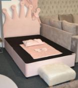 1 x Pink Plush Velvet Single Bed With Crown Shaped Headboard. A Bespoke unique outstanding piece tha