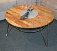 1 x Round Wood Top Metal Frame Coffee Table. This item is straight out of the showroom and is in ver