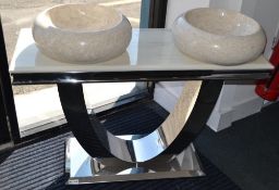 1 x Elegant Bespoke White Marble Console Table With Double Marble Mounted Bowls, And Chrome U Shaped