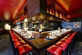 1 x Contemporary Zebrano Restaurant Bar With Front Counter, Display Cabinets, Overhead Display