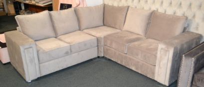 1 x Stylish Right Angle Corner Sofa Upholstered In A Light Grey Velour. A lovly designed soft sofa r