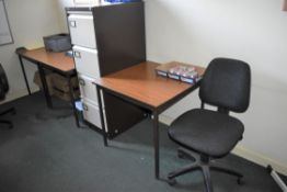 1 x Assorted Collection of Office Furniture - Includes Desk, Two Chairs, Filing Cabinet, Pedestal,