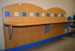 1 x Wall Mounted Canteen Eaten Bench - Beech Wood With Blue and Grey Detail - H120 x W250 x D58