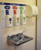 1 x Stainless Steel Hand Wash Basin With Three Soap Various Soap Dispensers and One Paper Towel