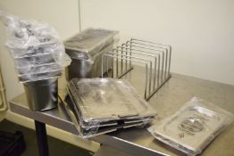Over 30 Items of Stainless Steel Kitchen Equipment - Includes Gastro Pans, Chopping Board Stands,