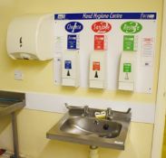 1 x Stainless Steel Hand Wash Basin With Three Soap Various Soap Dispensers and One Paper Towel