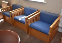 3 x Reception / Waiting Room Chairs With Beech Frames and Blue Fabric Seating - H62 x W67 x D73
