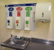 1 x Stainless Steel Hand Wash Basin With Three Soap Various Soap Dispensers and One Paper Towel