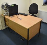 1 x Beech Office Desk With Integral Drawers, Swivel Chair and Desk Fan - Ref VM282 IT - CL409 -