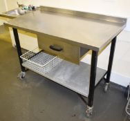 1 x Stainless Steel Pre Bench On Castors - Features Undershelf and Drawer With Contents - H87 x W166