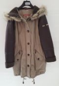 1 x Steilmann KSTN Khaki Faux Leather Sleeve Parka Jacket With Fuux Fur Hood - UK Size 12 - New Samp