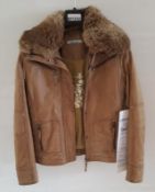 1 x STEILMANN Ladies Brown Leather Jacket With Faux Fur Collar & Inside Pocket - CL210 - UK Size 12
