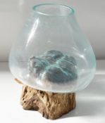 A Pair Of Large Artisan Clear Blown Glass Vases On A Reclaimed Wood Bases - Dimensions (approx): W25